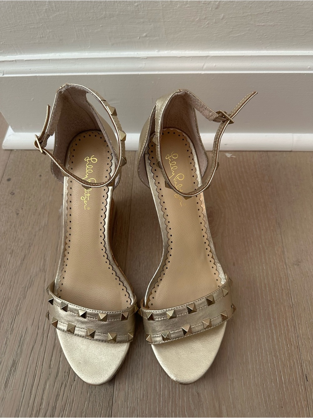 Lilly Pulitzer Metallic Gold Pyramid-Stud Ankle-Strap Heels never worn out